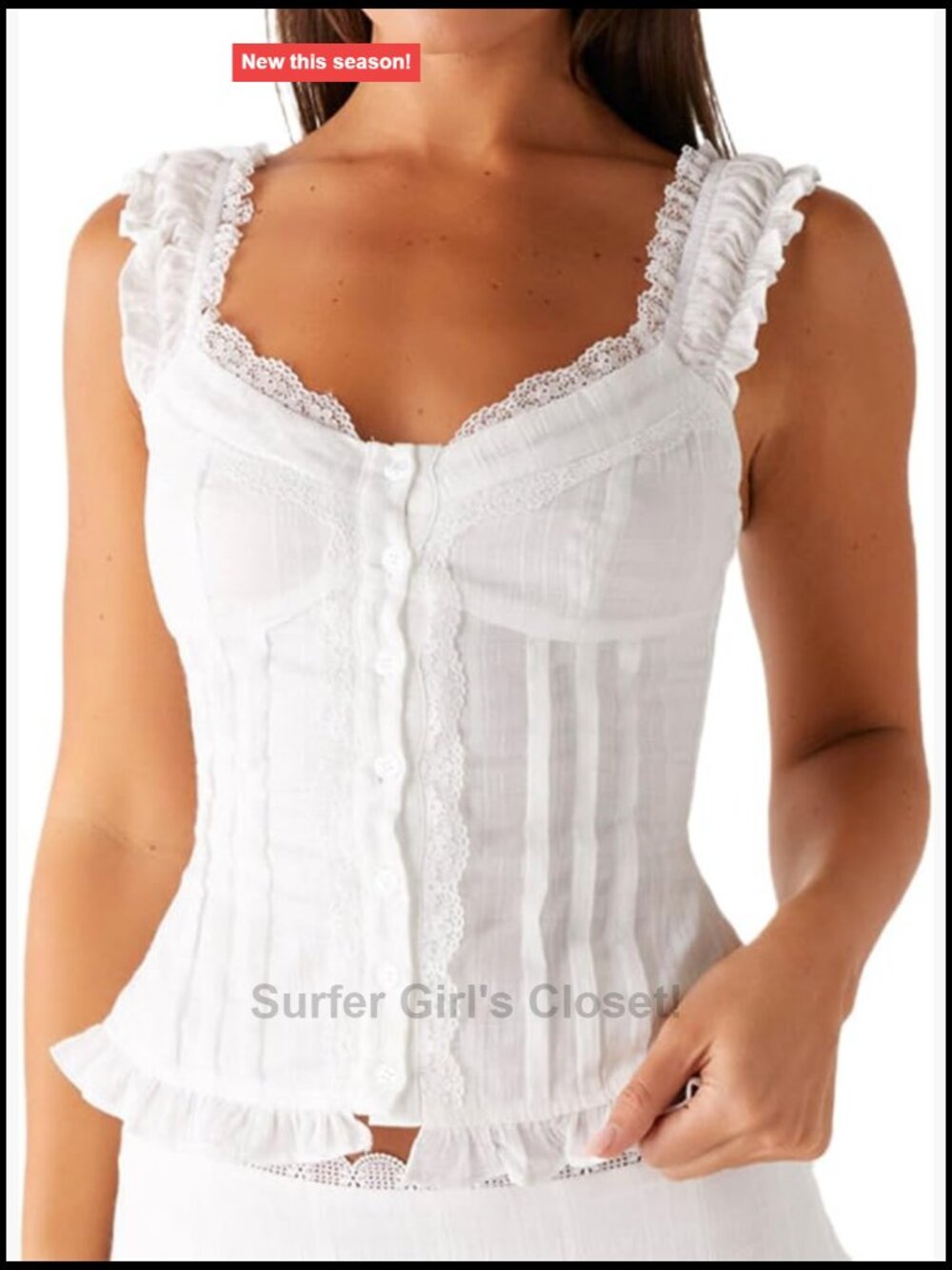 Lace Trim Tank Top Sleeveless Square Neck Button Front Slim Fit Babydoll